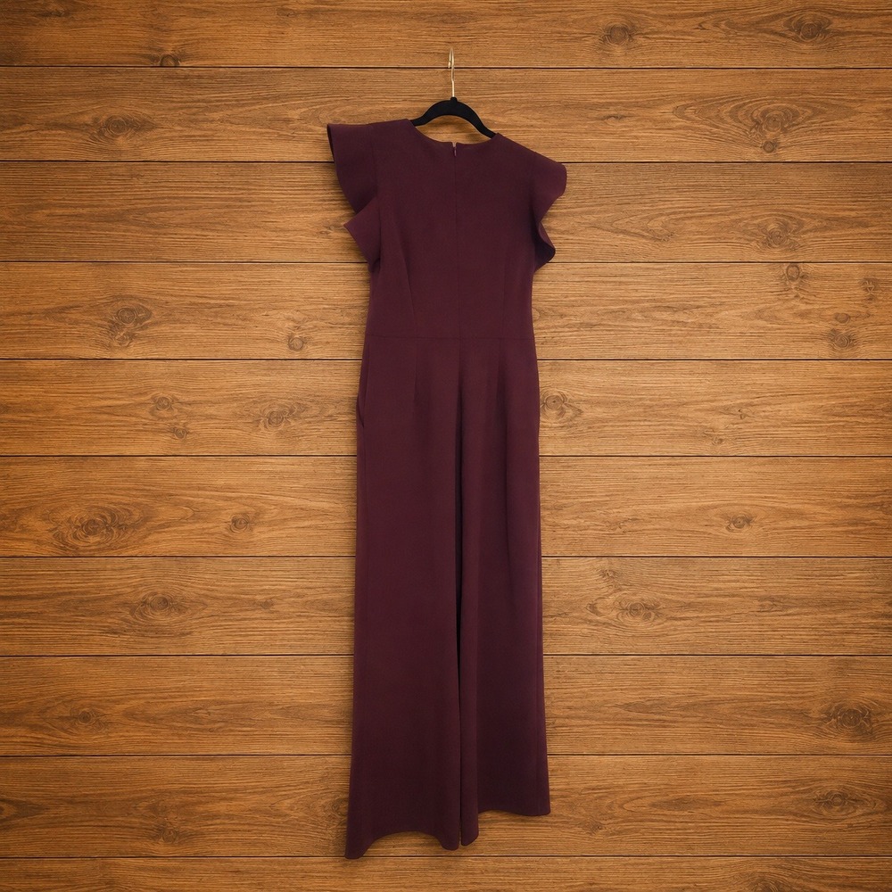 Calvin Klein Burgundy Ruffle Sleeve Wide Leg Jumpsuit with Pockets Size 6 Small - Picture 3 of 8